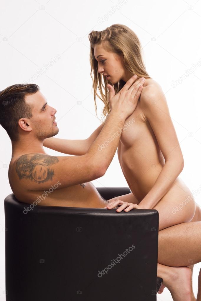 Sexy Nude Passionate Couple Embracing On White Isolated Background