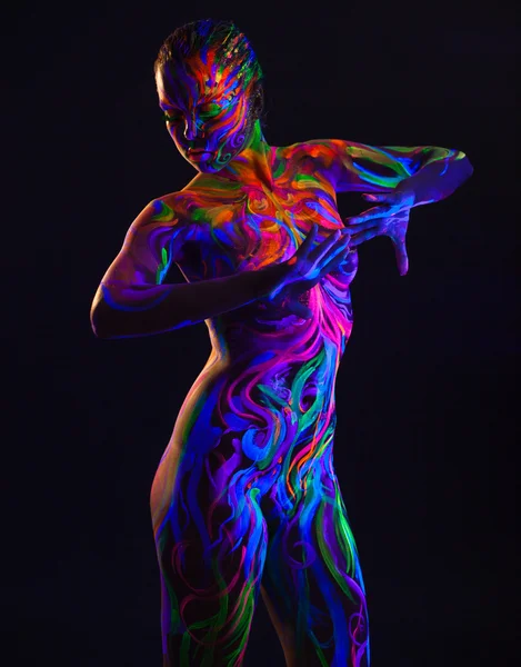 Imagem de dançarina sedutora com maquiagem UV — Fotografia de Stock